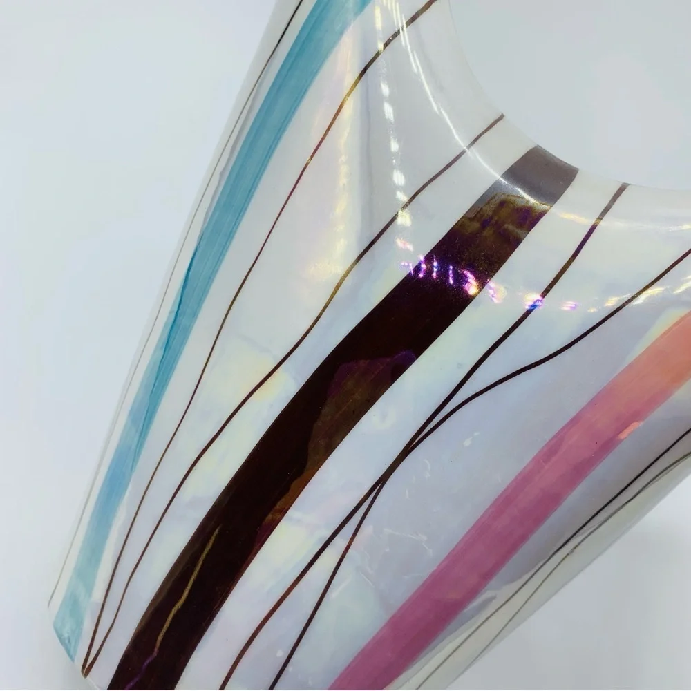 Vintage MCM Italian Iridescent Striped Vase with Gold Trim – 8.5”